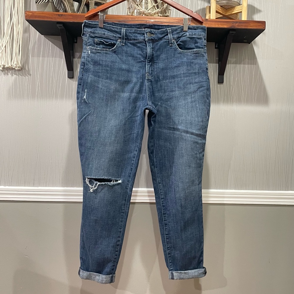 NYDJ Boyfriend Jeans in Dark Blue with Knee Distress